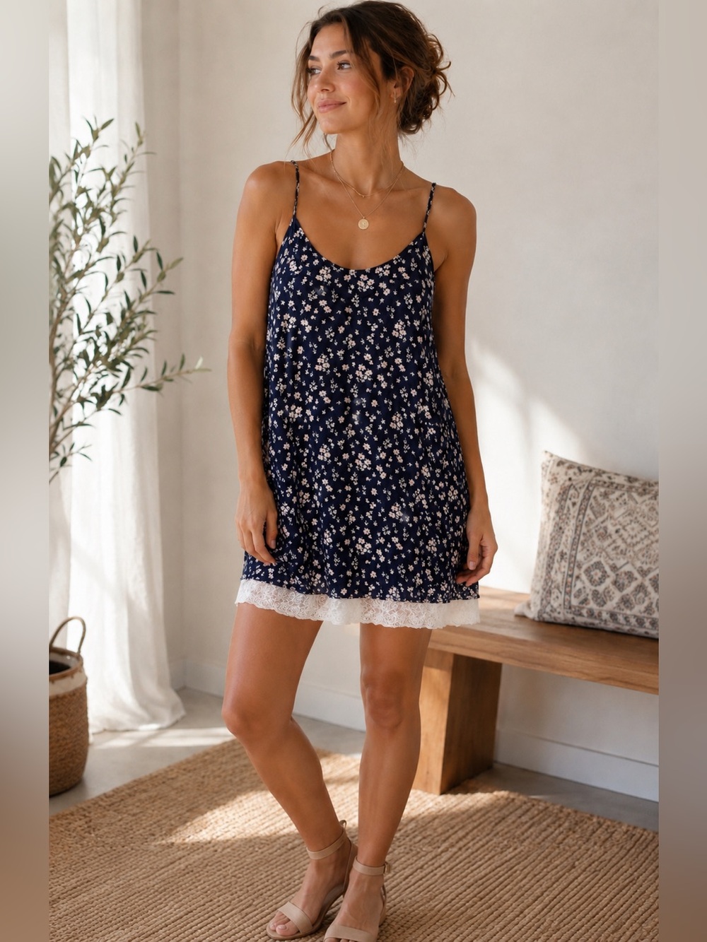 Make + Model Navy Floral Lace-Trim Cami Slip Dress Size S Boho Cottagecore